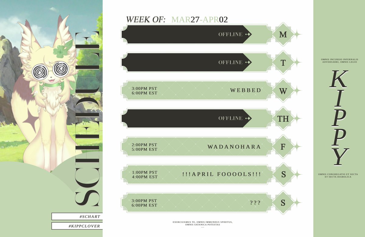 KippClover's tweet photo. 🍀Weekly Schedule: 3/27 - 4/02✨
✧GENERAL: #kippclover
✧ART TAG: #schart
✧KO-FI: https://t.co/SVBDzYoPqs
✧CARRD: https://t.co/YKeMQCdoLY
✧#vtuber✧#ENVtuber✧ #VTuberEN✧
Twitch ⤵️
🍀✧https://t.co/wcwpFDKXZM✧✨ https://t.co/1238ot6z9s
