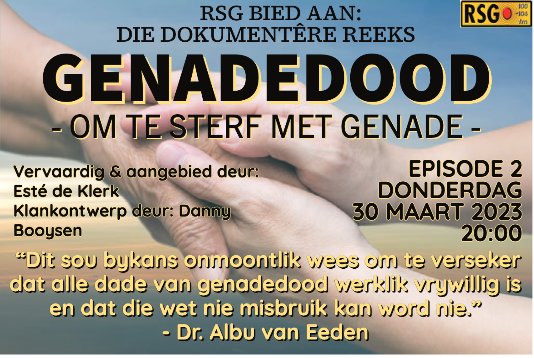 Esté de Klerk (@estedeklerk) on Twitter photo RSG|DONDERDAG|20:00|EPS 2 vd <a href="/ZARSG/">RSG 100-104FM</a> reeks, Genadedood: Om te Sterf met Genade. Etiese, morele en godsdiensdienstige argumente téén die wettiging van genadedood in SA word beredeneer. Groepe wat daarteen gekant is, is bekommerd dat die wettiging tot misbruik van die wet kan lei. RSG|DONDERDAG|20:00|EPS 2 vd <a href="/ZARSG/">RSG 100-104FM</a> reeks, Genadedood: Om te Sterf met Genade. Etiese, morele en godsdiensdienstige argumente téén die wettiging van genadedood in SA word beredeneer. Groepe wat daarteen gekant is, is bekommerd dat die wettiging tot misbruik van die wet kan lei.