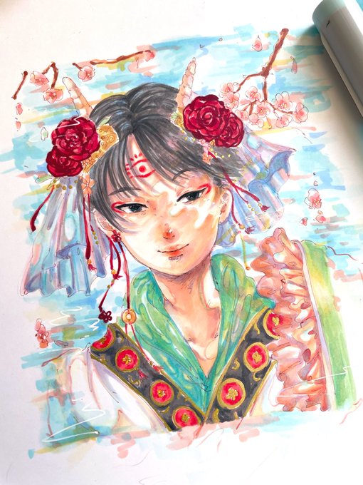 #イラスト    #アナログ絵   #illustration  #白澤   #鬼灯の冷徹 桜の花や木の影とか光を意識し