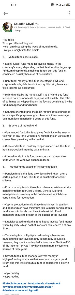 saurabhgoyal199's tweet image. I wrote about types of mutual fund
Give your valuable time to read this

Happy ready!

#mutualfund #investment #follo4follo