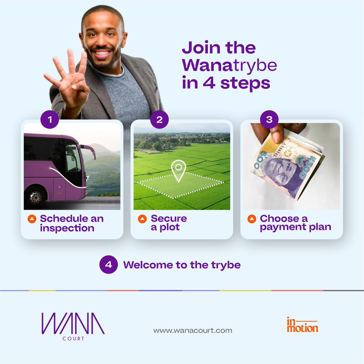 Wanacourt's tweet photo. With just 4 simple steps, you can secure your dream home and become a part of our thriving community.

Dont wait - Click the link in our bio, or send us a DM to get started today!

#Wanatrybe 
#DreamHome
#RealEstateGoals
#wanacourtestates 
#thegreenandsmartlife
#inmotionhomes https://t.co/TRdsUlPUj3
