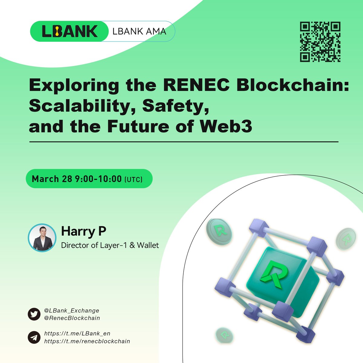 👏 Upcoming AMA with $RENEC team <a href="/RenecBlockchain/">RENEC Blockchain</a>

📣 Speaker: Harry P, Director of Layer-1 &amp; Wallet

🕐 Time: March 28 9:00-10:00 (UTC)

⛰ Venue: t.me/LBank_en

🎁 Reward: $2,000 in $RENEC GIVEAWAY

👉 Join the Campaign: bit.ly/3TAnOem

#crypto #LBankAMA