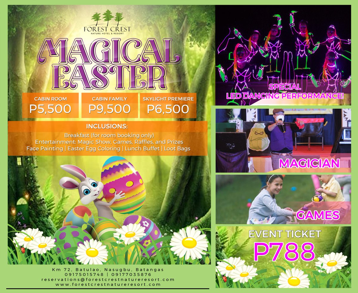 forest_crest's tweet photo. Hop with egg-citement and have an egg-cellent Magical Easter!
Face Painting, Magic Show, Games, Prizes and Special LED dancing performance awaits you, so what are you waiting for? Book your tickets now!
For more inquiries call Us at 09175015748 | 09177035876 https://t.co/mDXvYvoyyc