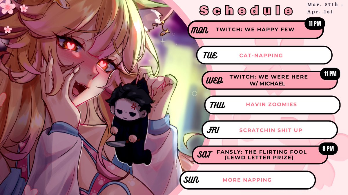 BibblyDarling's tweet image. 💕Schedule for the week! Don&apos;t forget, my #clipcontest is ongoing!! You have until the end of March to share your clips for a chance to win! The user who makes the clip with the most views will win a $50 Twitch Gift Card! 💕

#lewdtuber #vtuber #aprilfools