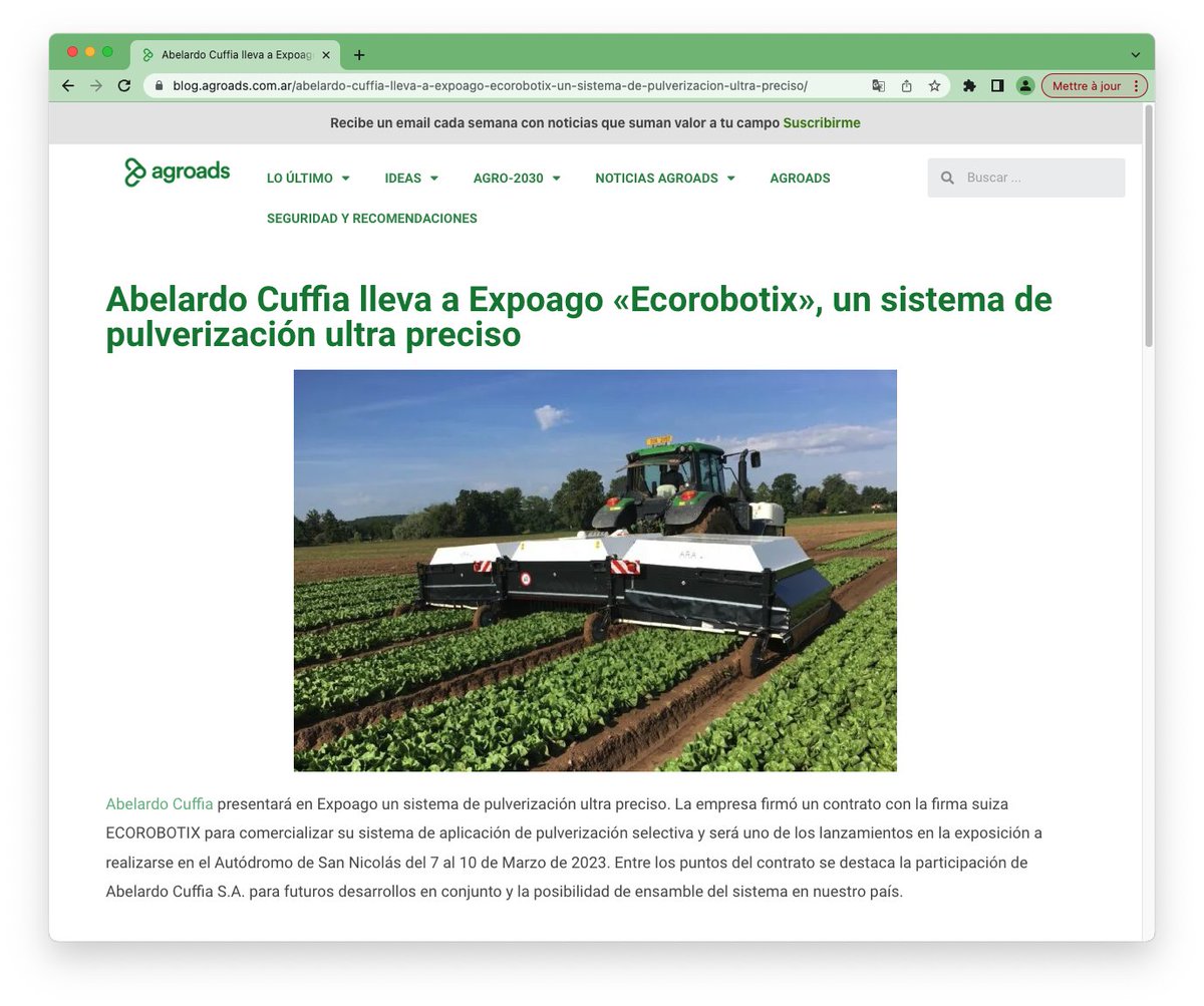 ecorobotix's tweet photo. 🇦🇷 Our first steps in South America didn't go unnoticed 😅 Argentinian trade media @Agroads reported on our new partnership with Abelardo Cuffia. Access article (in Spanish) through our website 👇
https://t.co/WfuKLzSOuH
#agtech #LessHerbicide https://t.co/VtFFaIL4KE