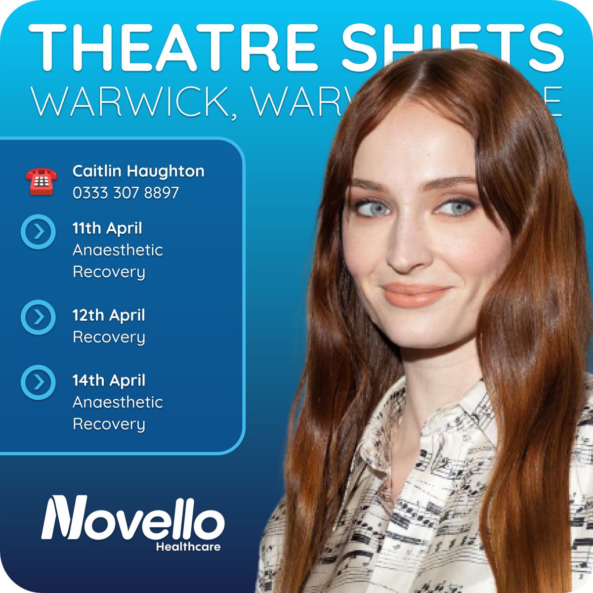 THEATRE SHIFTS IN WARWICK!

To book call Caitlin Haughton on 0333 307 8897

See 150+ locations on our website: novellohealthcare.com/Locations/ 

Pictured: Warwick-raised actress Sophie Jonas, Stansa Stark in Game of Thrones amongst many others.

#warwickjobs #sophieturner #twitternurses