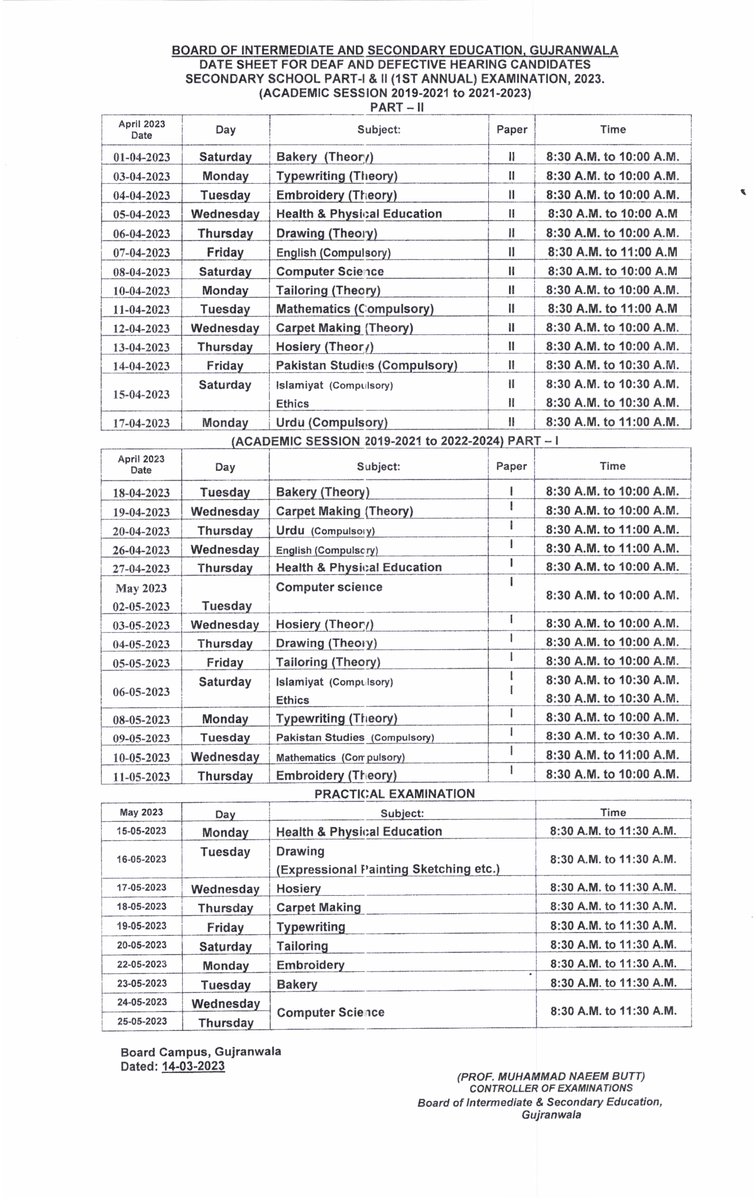 DATE SHEET FOR DEAF AND DEFECTIVE HEARING CANDIDATES SECONDAR SCHOOL PART-I &amp; II (1ST ANNUAL) EXAMINATION 2023