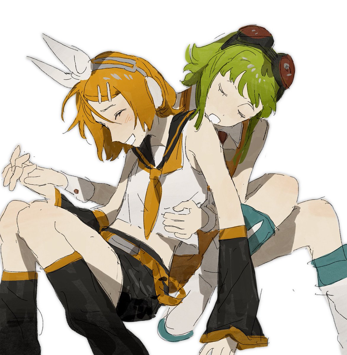 gumi ,kagamine rin multiple girls 2girls leg warmers closed eyes hairclip shorts sailor collar  illustration images