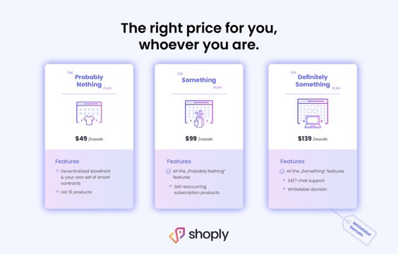 The right price for you, whoever you are! 🤝

No percentage cuts. No hidden fees. No sales tax. No BS.

Just one simple fee, charged every 30 days.

Head over to shoply.io/pricing/ for more information.