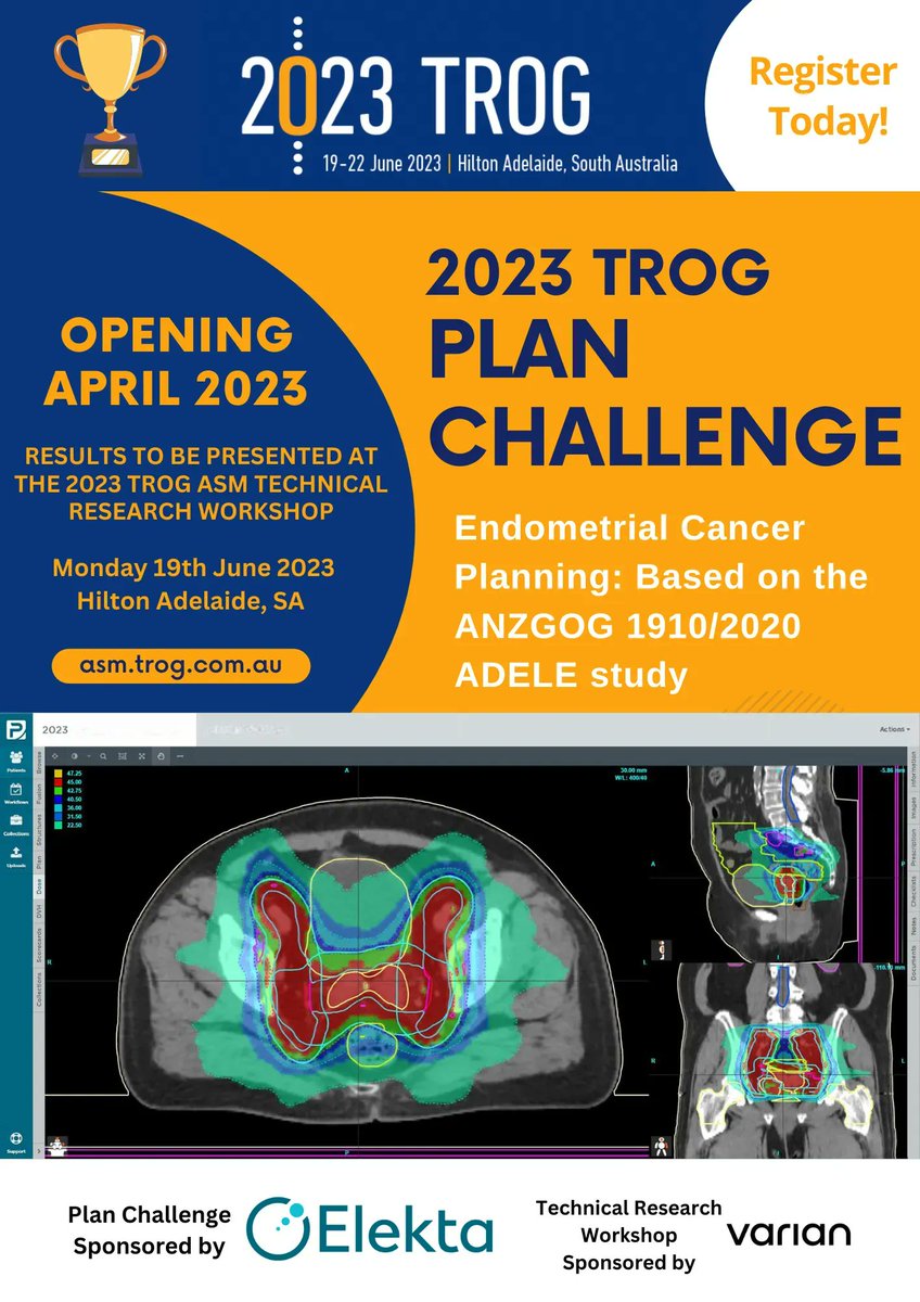 TROGfightcancer's tweet photo. The #TROG2023 TRW Plan Challenge opens in April! This year's challenge will be a Endometrial Cancer Planing: based on the ANZGOG 1210/2020 ADELE study. Winners will be announced at the Technical Research Workshop on 19 June 2023 #PlanChallenge #technicalresearchworkshop https://t.co/ZRT44p9yMh