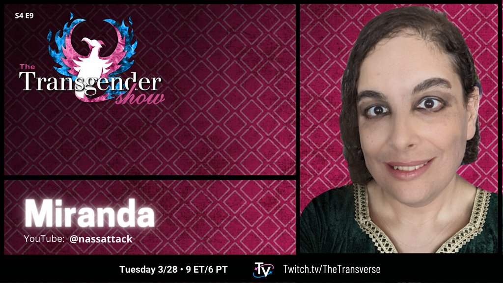 Tune in Tuesday Night on The Transgender Show as we welcome Miranda!

TUESDAY NIGHT 3/28 at 9pm ET / 6pm PT
Only on The Transverse
twitch.tv/thetransverse

#transgender #trans #transition #lgbt #thetransverse #thetransgendershow #thetransversenetwork #transstories