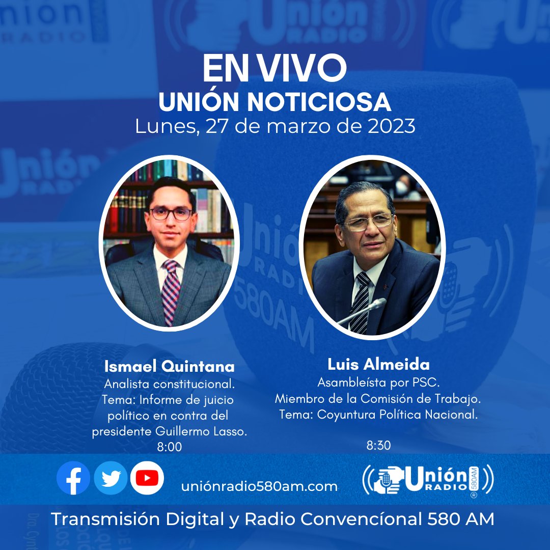 Unionradio580am's tweet photo. #Envivo
#Espaciodeentrevistas

Acompáñanos a escuchar a nuestros invitados:

@ismaelquintanag
@LuisAlmeidaM

Escúchanos en el dial #580AM, por fb live, YouTube, Twitter 
@unionradio580am y en https://t.co/vxgL91JWE6 🇪🇨🎙
Somos:
 La Cadena⛓️ de la Unión 🤝 https://t.co/Aq2nXV6inM