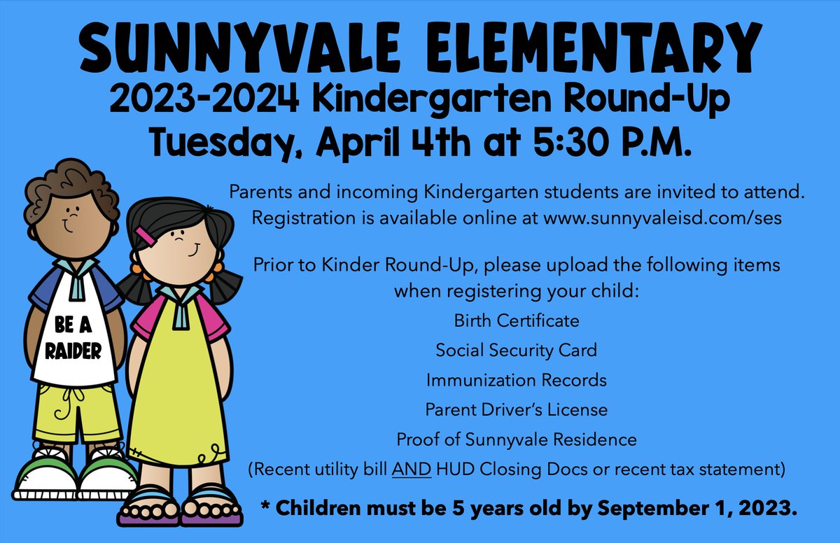 SunnyvaleES's tweet image. Kindergarten Round-Up coming soon!
#BeARaider #RaidersRise