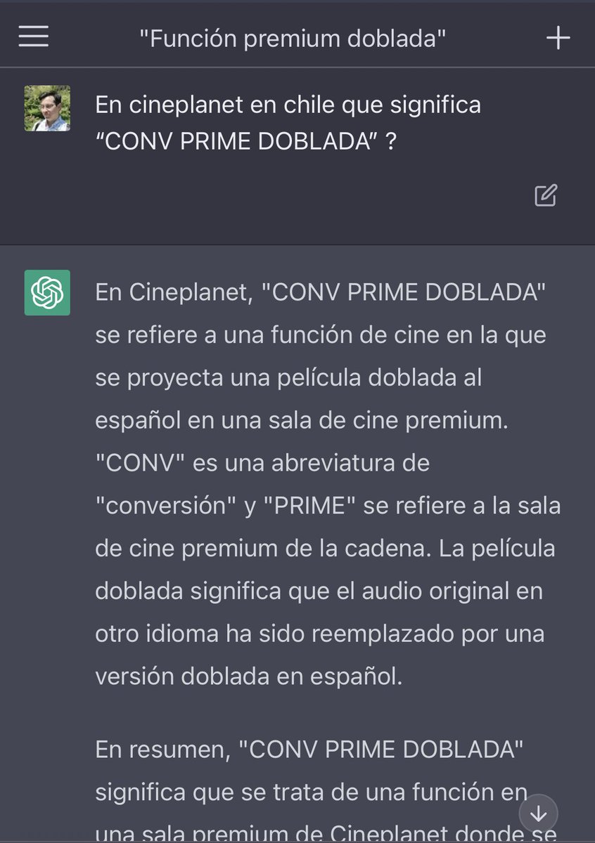 😯 Increíble le pregunte a #ChatGPT3 sobre la abreviatura de <a href="/CineplanetChile/">Cineplanet Chile</a> y me responde mas claro que la que encuentro en la página oficial.