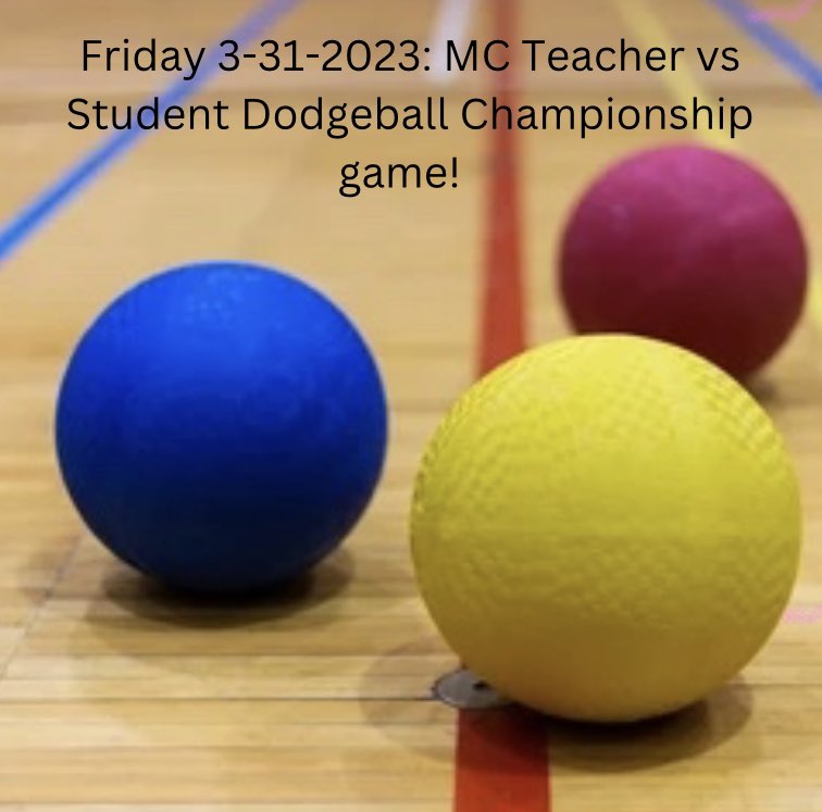 midcarstuco's tweet photo. Friday afternoon we will have a dodgeball game to kick off spring break! Admission for the game is $3. Tickets can be bought before school, during lunch or after school. There are also games occurring during connection starting Tuesday of this week that your teachers can stream! https://t.co/Wgmzxm93Me