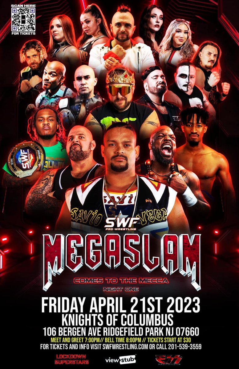 SWFLive's tweet image. #SWFMegaSlam season is here, and this year we are giving two back to back nights of pure absolute 🔥

Night 1. April 21st live from the Mecca!!! Featuring @SavioVega @BigBadKaiju &amp;amp; more

Night 2. @mrkenanderson @BIGGENESNITSKY &amp;amp; more

🎫 are available now tickettailor.com/events/swflive