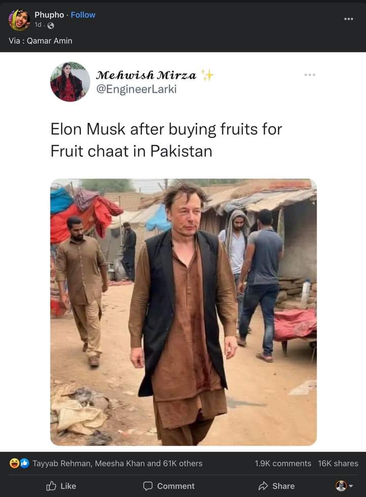3Bahadur2's tweet photo. Elon musk's Doppelganger was found in Pakistan and people can't have enough of it 😂 
#imrankhanPTI #بائیکاٹ_فروٹ 
#Bitcoin #captaincy 
#ShaneRamzan2023 #PAKvAFG https://t.co/O6GsAPhz8J