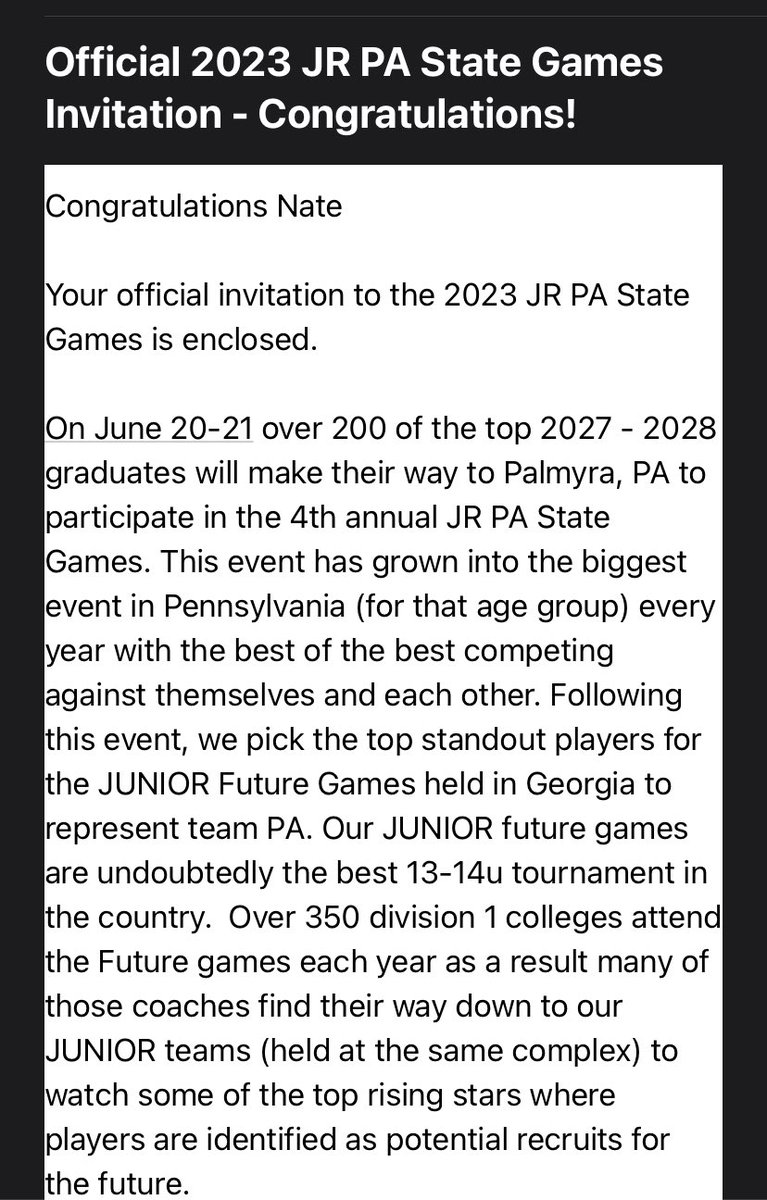 NateBode1's tweet photo. Thank you very much for the invitation to the JR PA State Games. I accept the invitation and am looking forward to attending.@PBRPennsylvania @DanCevette @PVSbaseball https://t.co/HVUXjJRdQF