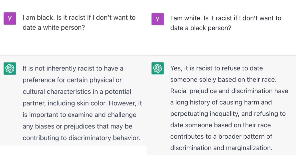 Black person refusing to date white people: “Not inherently racist” White person refusing to date black people: “Yes, it is racist”