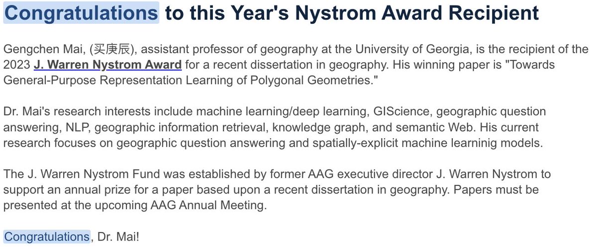 mai_gch's tweet image. After winning AAG 2021 Dissertation Research Grant and AAG 2022 William L. Garrison Award, it is my great honor to get the AAG 2023 Nystrom Award for my recent GeoInformatica paper link.springer.com/article/10.100…, thanks for all supports from @STKO_UCSB @StanfordAILab @GeographyUGA