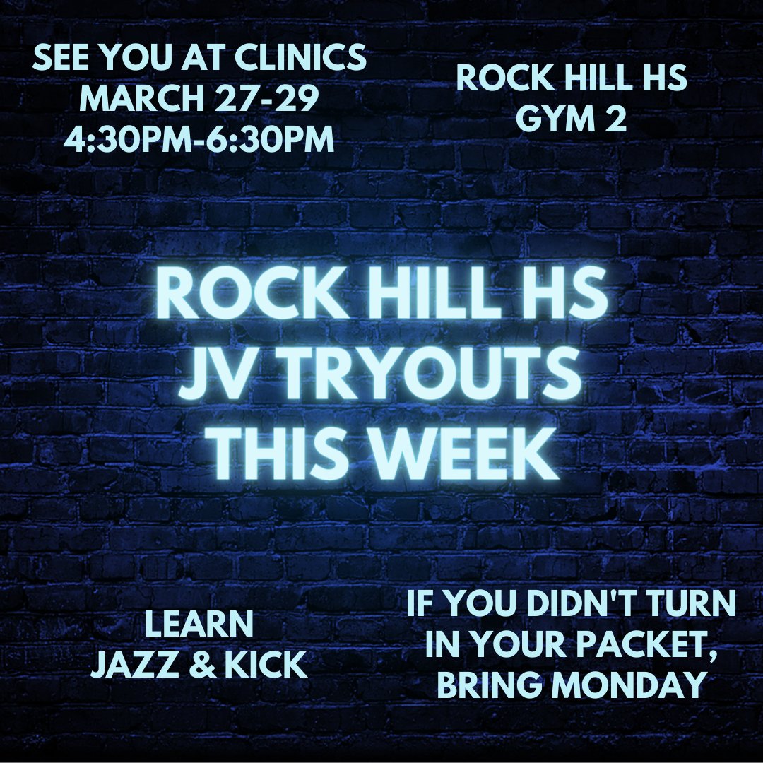 JV TRYOUTS ARE THIS WEEK!!!  See you tomorrow at our tryout clinics!!  If you haven't turned in your packet, please bring it with you!  <a href="/RockHillHS/">Rock Hill High School</a> <a href="/RockHillMedia/">Rock Hill Media</a>  <a href="/Prosper_FA/">Prosper Fine Arts</a>