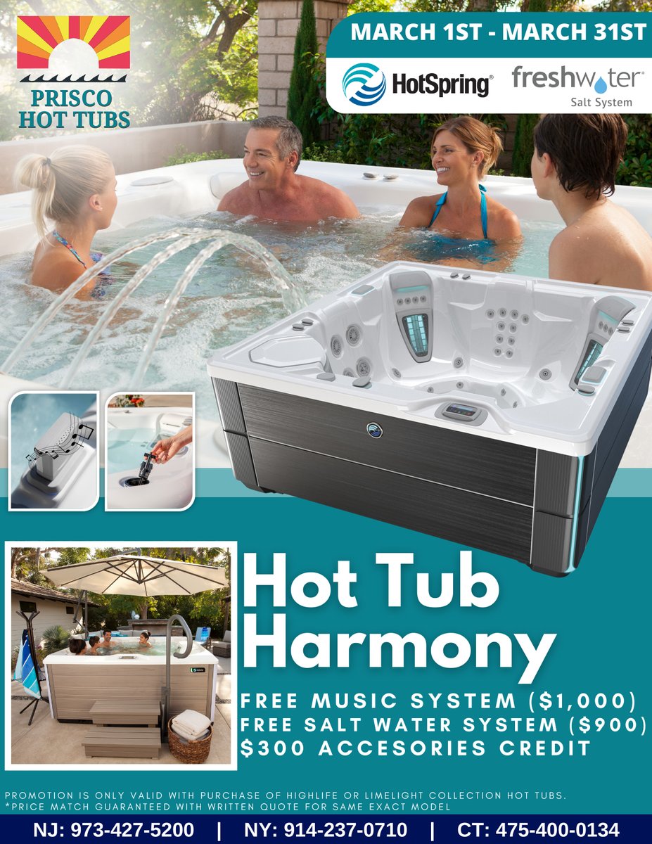 Don't miss our Hot Tub Harmony Salt Water Promo! Currently running from March 1st to March 31st.
#hottub #saltwater #spa

More details ➡️ ow.ly/ibkQ50NsfhV