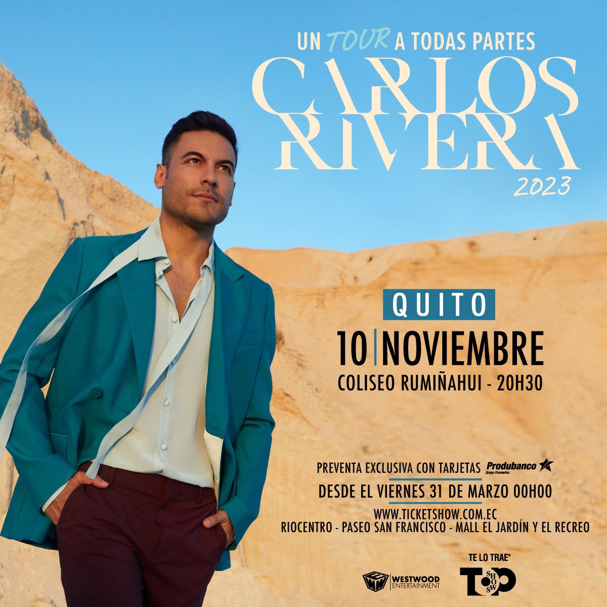 ¡La noticia que todos esperaban! Carlos Rivera el cantautor mexicano más importante del pop latino en el mundo llega al fin a Ecuador con su fabulosa gira 'Un tour a todas partes”. Un recorrido musical espectacular por sus mejores éxitos y nuevas ticketshow.com.ec