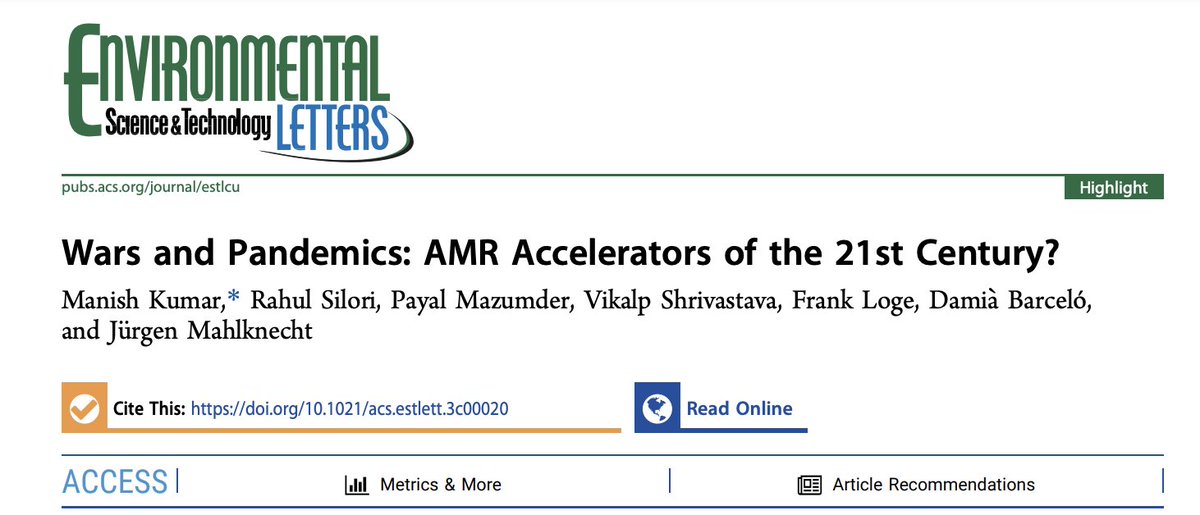 Manish Kumar (@manishkenv) on Twitter photo Pleased to share the publication of our viewpoint:
'Wars and Pandemics: AMR Accelerators of the 21st Century?' in ES&T Letters.
Fully accessible on the following link:
pubs.acs.org/doi/10.1021/ac…
<a href="/parthshastriTOI/">Parth Shastri</a> <a href="/thanda_ghosh/">Sohini Ghosh</a> <a href="/htTweets/">Hindustan Times</a> <a href="/TecdeMonterrey/">Tecnológico de Monterrey</a> <a href="/UPESDehradun/">UPES</a> <a href="/VigyanPrasar/">Vigyan Prasar</a> Pleased to share the publication of our viewpoint:
'Wars and Pandemics: AMR Accelerators of the 21st Century?' in ES&T Letters.
Fully accessible on the following link:
pubs.acs.org/doi/10.1021/ac…
<a href="/parthshastriTOI/">Parth Shastri</a> <a href="/thanda_ghosh/">Sohini Ghosh</a> <a href="/htTweets/">Hindustan Times</a> <a href="/TecdeMonterrey/">Tecnológico de Monterrey</a> <a href="/UPESDehradun/">UPES</a> <a href="/VigyanPrasar/">Vigyan Prasar</a>