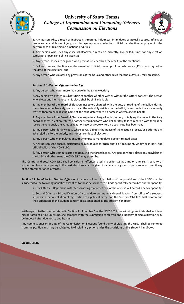 USTICSComelec's tweet photo. Resolution No. 9

Series of 2022-2023

IMPLEMENTING RULES AND REGULATIONS FOR THE CONDUCT OF ONLINE ELECTIONS FOR THE ELECTIONS OF THE COLLEGE OF INFORMATION AND COMPUTING SCIENCES FOR THE ACADEMIC YEAR 2023-2024 https://t.co/yK01ud9McM