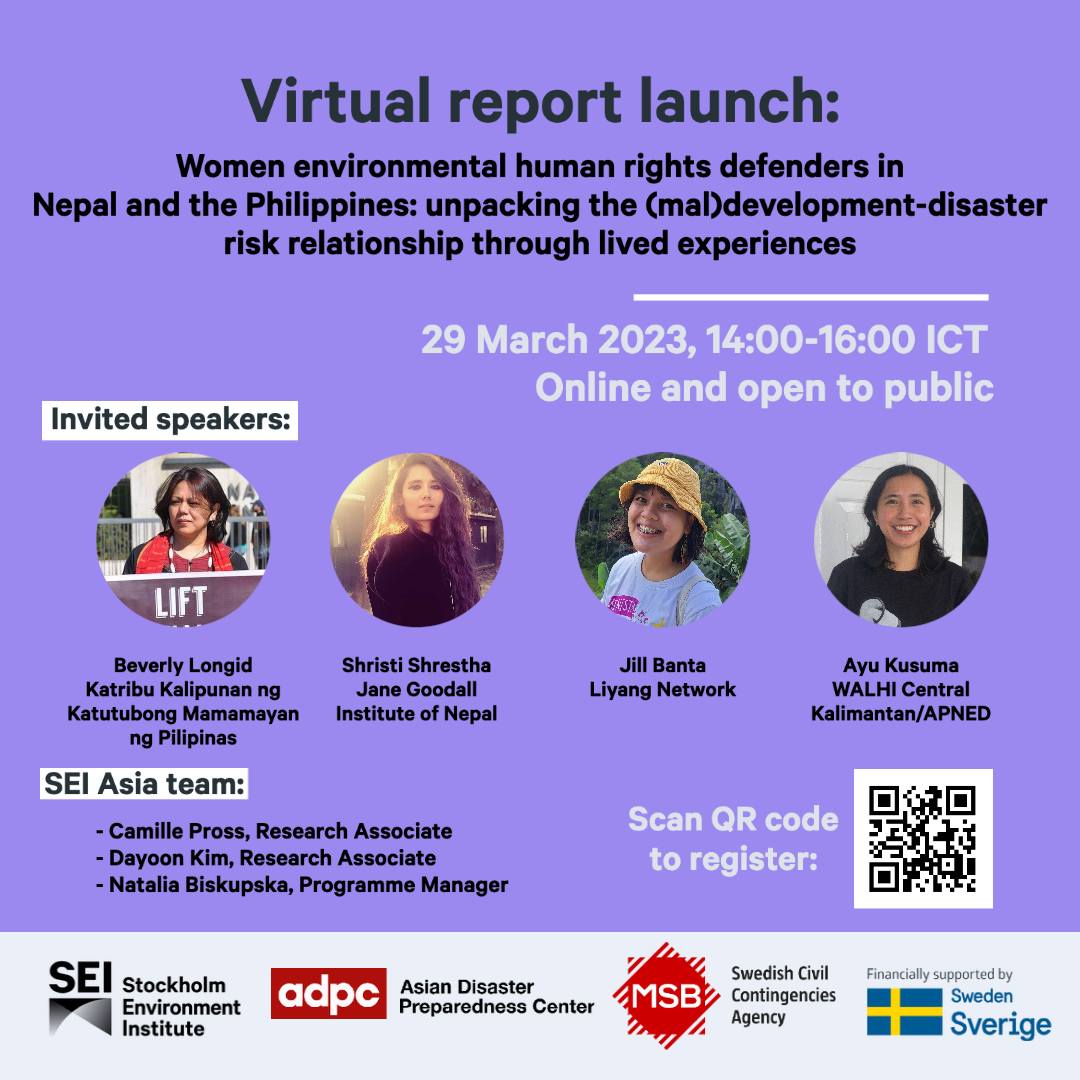 LiyangNetwork's tweet photo. Liyang Network happily invites you to the virtual launch of SEI report titled "Women environmental human rights defenders in Nepal and the Philippines – unpacking the (mal)development-disaster risk relationship through lived experiences" to cap off Women's Month. https://t.co/Be0L7XVp7U