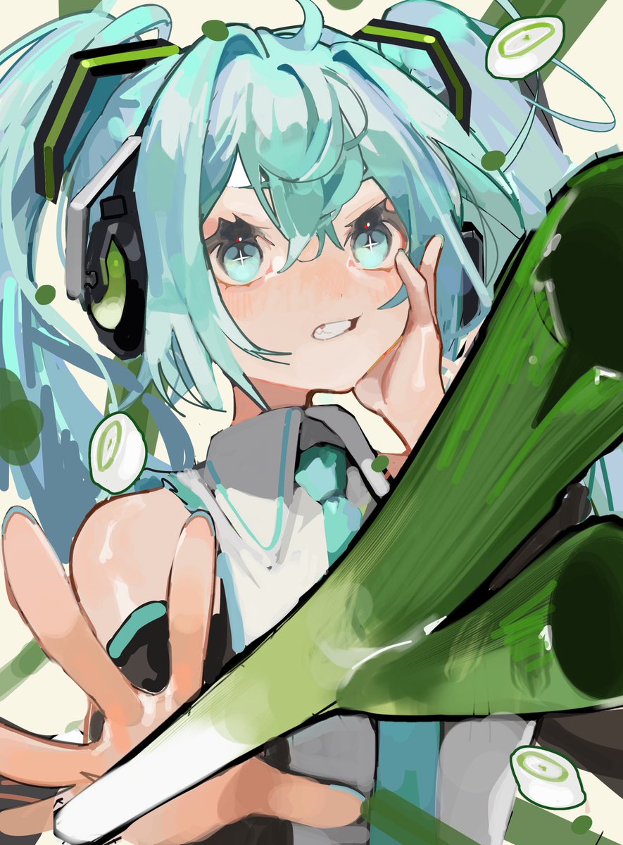 hatsune miku 1girl solo spring onion twintails necktie long hair detached sleeves  illustration images