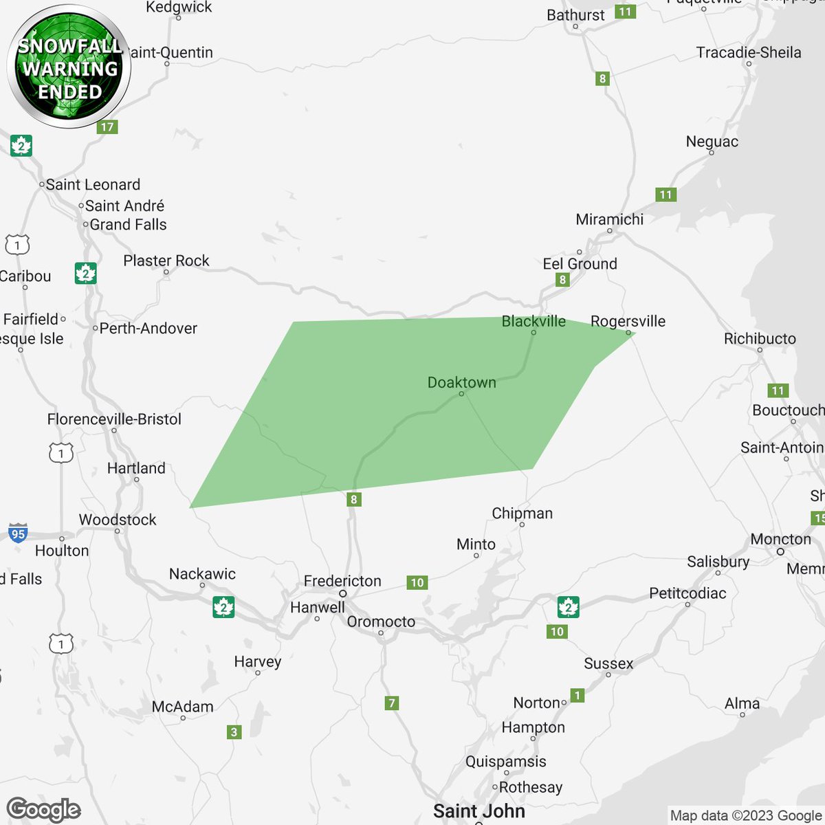 IWeatherNB's tweet photo. #nbstorm 10:32p SNOWFALL WARNING ENDED by Environment Canada

Stanley - Doaktown - Blackville Area

https://t.co/0UUHq5Yh4G https://t.co/R3SdyFy4Ue