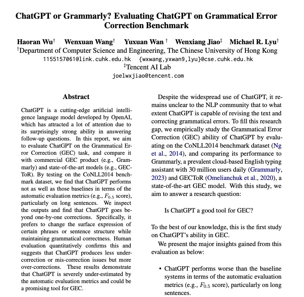 _akhaliq's tweet photo. ChatGPT or Grammarly? Evaluating ChatGPT on Grammatical Error Correction Benchmark 

abs: https://t.co/63hSOZrQx6 https://t.co/MV8qLdZZ64