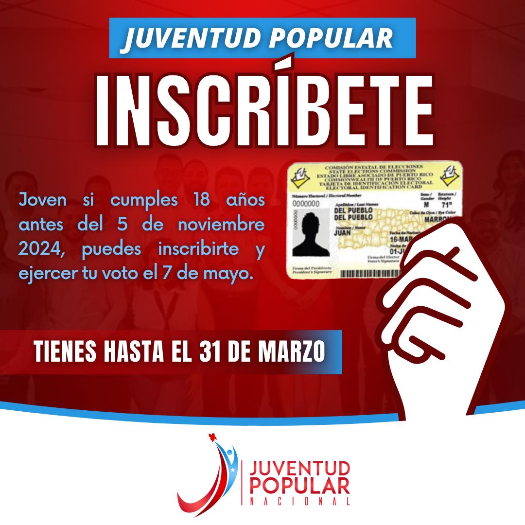 #JuventudPopular | Tienes hasta este próximo 31 de marzo para inscribirte y ejercer tu voto el próximo 7 de mayo. Vamos a juntos y juntas a demostrar que #SePuede transformar al PPD. 📌 Para información sobre las Juntas de Inscripción Permanente: ceepur.org/directorio.htm