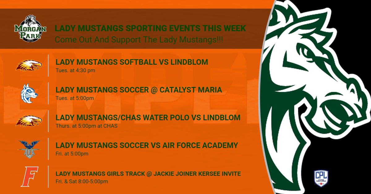 The Morgan Park Lady Mustangs Athletic Teams has a busy week of games ahead!!!! #empehi #ULeaveMPMPWillNotLeaveU <a href="/morganparkad/">Justin Corbett, MSA</a> <a href="/CPLAthletics/">Chicago Public League Athletics</a> <a href="/Tim_OBrien10/">Tim O'Brien</a> <a href="/EMPEHI4Ever/">Morgan Park HS</a> <a href="/mikeclarkpreps/">MikeClarkPreps</a> <a href="/Millar_S/">Steve Millar</a> <a href="/MorganParkBSB/">Morgan Park Baseball🐎</a> <a href="/JohnsonRonale/">Ronale Johnson</a>