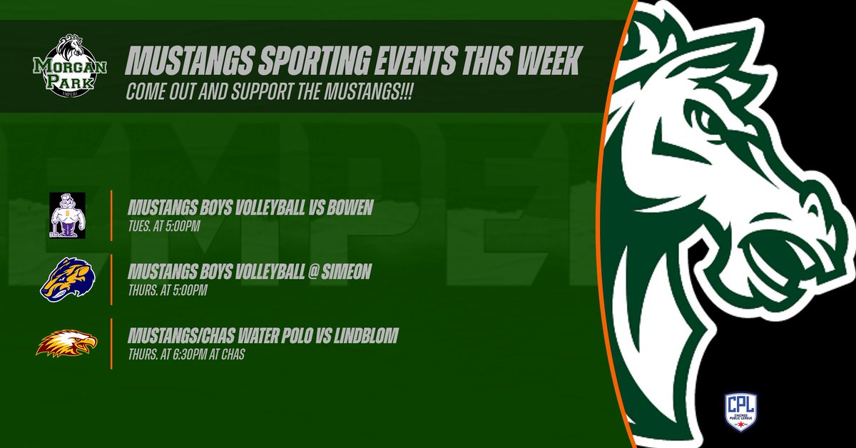 The Morgan Park Mustangs Athletic Teams has a busy week of games ahead!!!! #empehi #ULeaveMPMPWillNotLeaveU <a href="/morganparkad/">Justin Corbett, MSA</a> <a href="/CPLAthletics/">Chicago Public League Athletics</a> <a href="/Tim_OBrien10/">Tim O'Brien</a> <a href="/EMPEHI4Ever/">Morgan Park HS</a> <a href="/mikeclarkpreps/">MikeClarkPreps</a> <a href="/Millar_S/">Steve Millar</a>