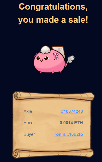 G_Napoleon84's tweet photo. Segunda venta 🐦. De a poco los voy despidiendo 

Van 2/22. Solo quedan 20 Axies https://t.co/90uUfcPdDs