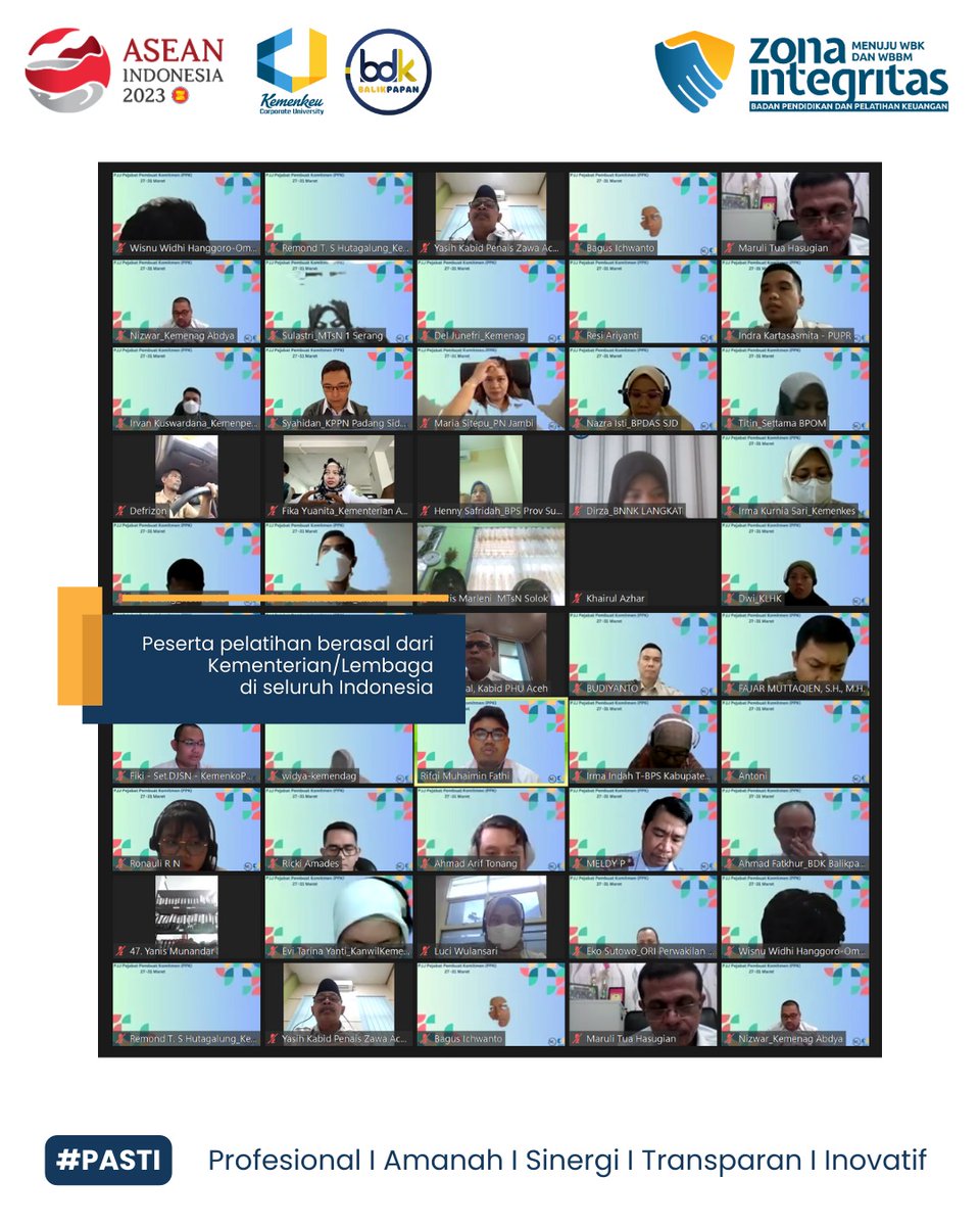 Senin, 27 Maret 2023, telah dilaksanakan Pembukaan Pelatihan Jarak Jauh Pejabat Pembuat Komitmen dengan <a href="/PusdiklatAP/">Pusdiklat Anggaran dan Perbendaharaan</a> sebagai Pusdiklat Pemilik Program.

PJJ ini diikuti oleh pegawai dari berbagai Kementerian/Lembaga. Pelatihan ini selama 5 hari dari tanggal 27 s.d. 31 Maret 2023.