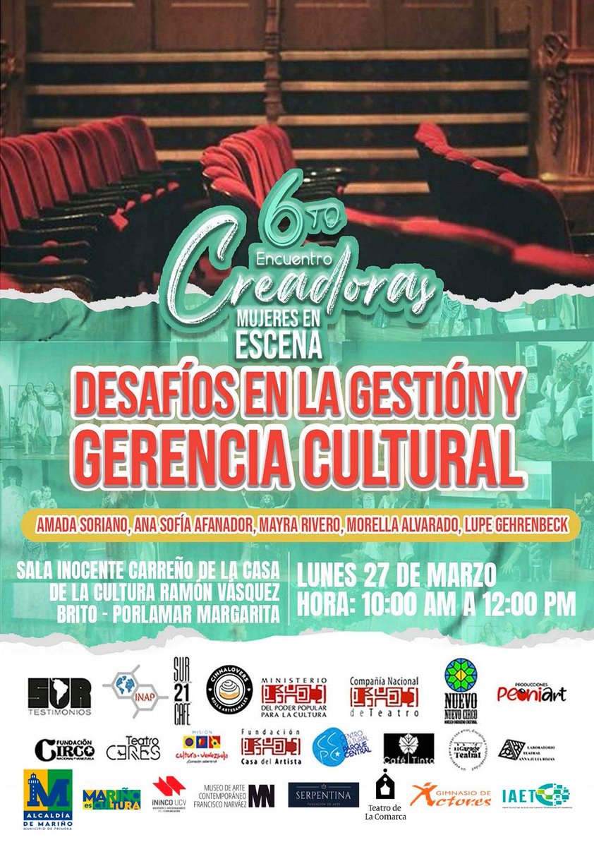 jericorito's tweet photo. 6to Encuentro Mujeres Creadoras en Escena en Porlamar
Presentaremos el Conversatorio
 “Desafíos de la Gestión y Gerencia Cultural”.
Participantes:
Amanda Soriano,
Ana Sofía Afanador, 
Lupe Gehrenbeck,
Morella Alvarado. https://t.co/eS9B400fTn