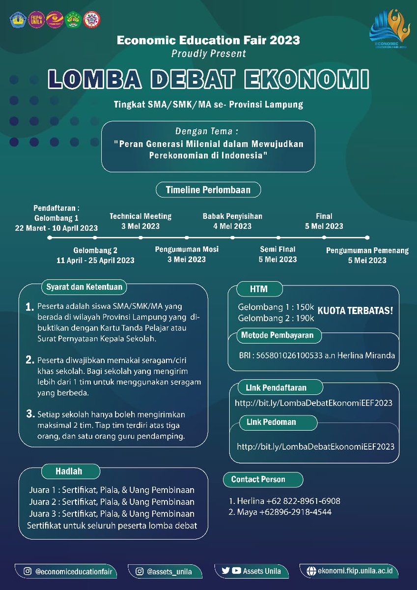 assets_unila's tweet photo. ‼️ LOMBA DEBAT EKONOMI TINGKAT SMA/SMK/MA se-PROVINSI LAMPUNG‼️
Dengan tema "Peran Generasi Milenial dalam Mewujudkan Perekonomian di Indonesia"
Link Pendaftaran
https://t.co/nBEZwTFFTe
Link Pedoman
https://t.co/nBEZwTFFTe
#Lomba
#Debat
#LombaDebat
#Competition https://t.co/QYHPZyxW1p
