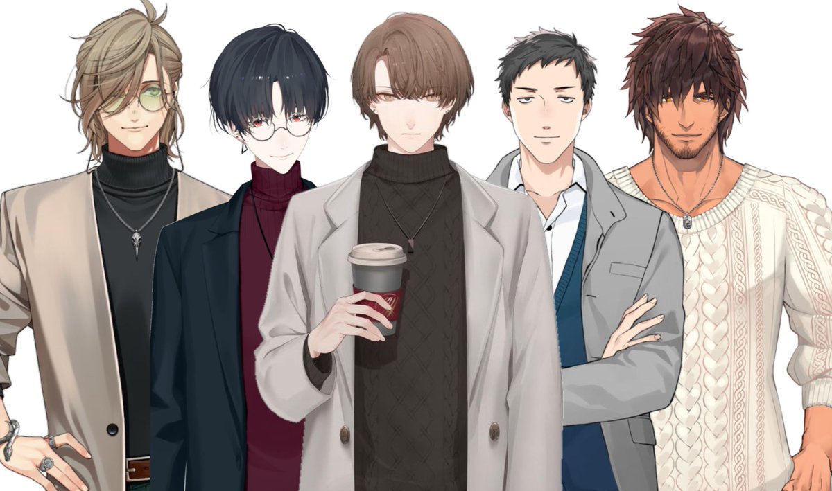 brown hair multiple boys sweater jacket jewelry hair over one eye glasses  illustration images