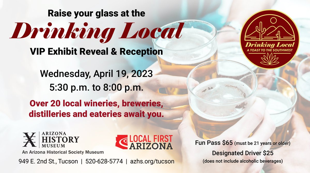 PCMSTuc's tweet image. PCMS members (and friends) can get a reduced ticket price to &quot;Drinking Local&quot; on 4/19. Learn the history (and medical impact) of brewing, distilling, winemaking @AZHistSociety