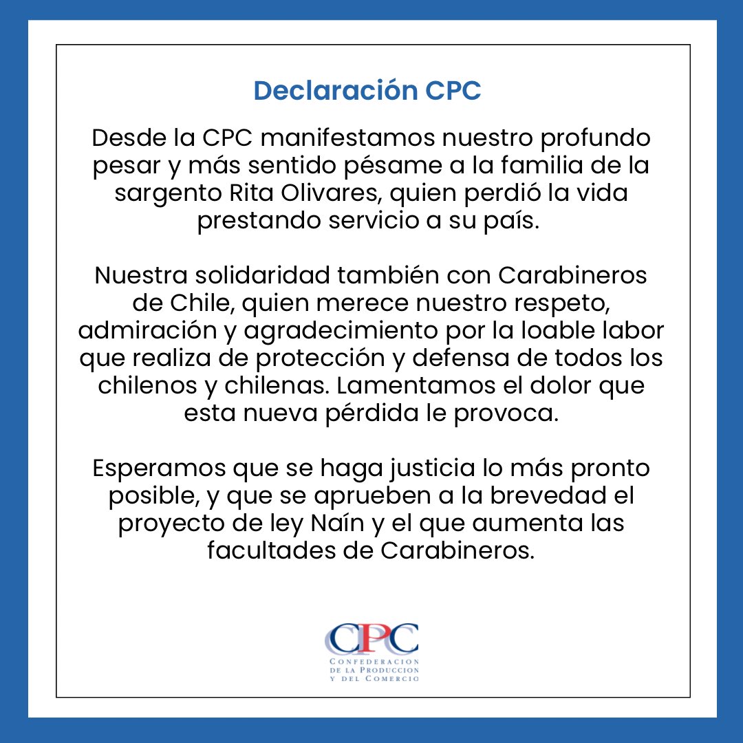 CPCchile's tweet image. Desde la #CPC manifestamos nuestro profundo pesar y más sentido pésame a la familia de la sargento Rita Olivares. 
@carabdechile
#ApoyoACarabineros #LeyNaín
