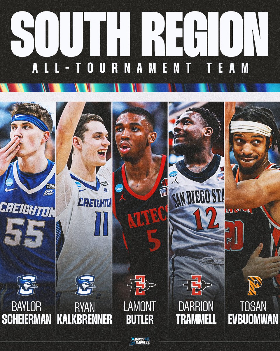 The South Region All-Tournament team! 

🏀 Ryan Kalkbrenner
🏀 Lamont Butler
🏀 Darrion Trammell
🏀 Baylor Scheierman
🏀 Tosan Evbuomwan

#MarchMadness