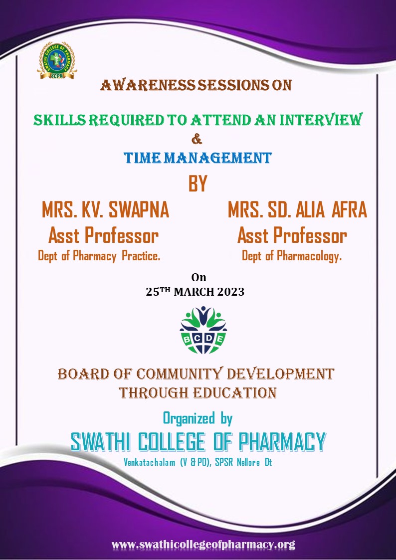 academicsswathi's tweet photo. ORGANISED AWARENESS PROGRAMME ON "SKILLS REQUIRED TO ATTEND AN INTERVIEW" &amp; " TIME MANAGEMENT" UNDER BOARD OF COMMUNITY DEVELOPMENT THROUGH EDUCATION..ON 25-03-2023.
#SCPN, #swathicollegeofpharmacy, #bcde, #skillsdevelopment https://t.co/aelgZp0nmL