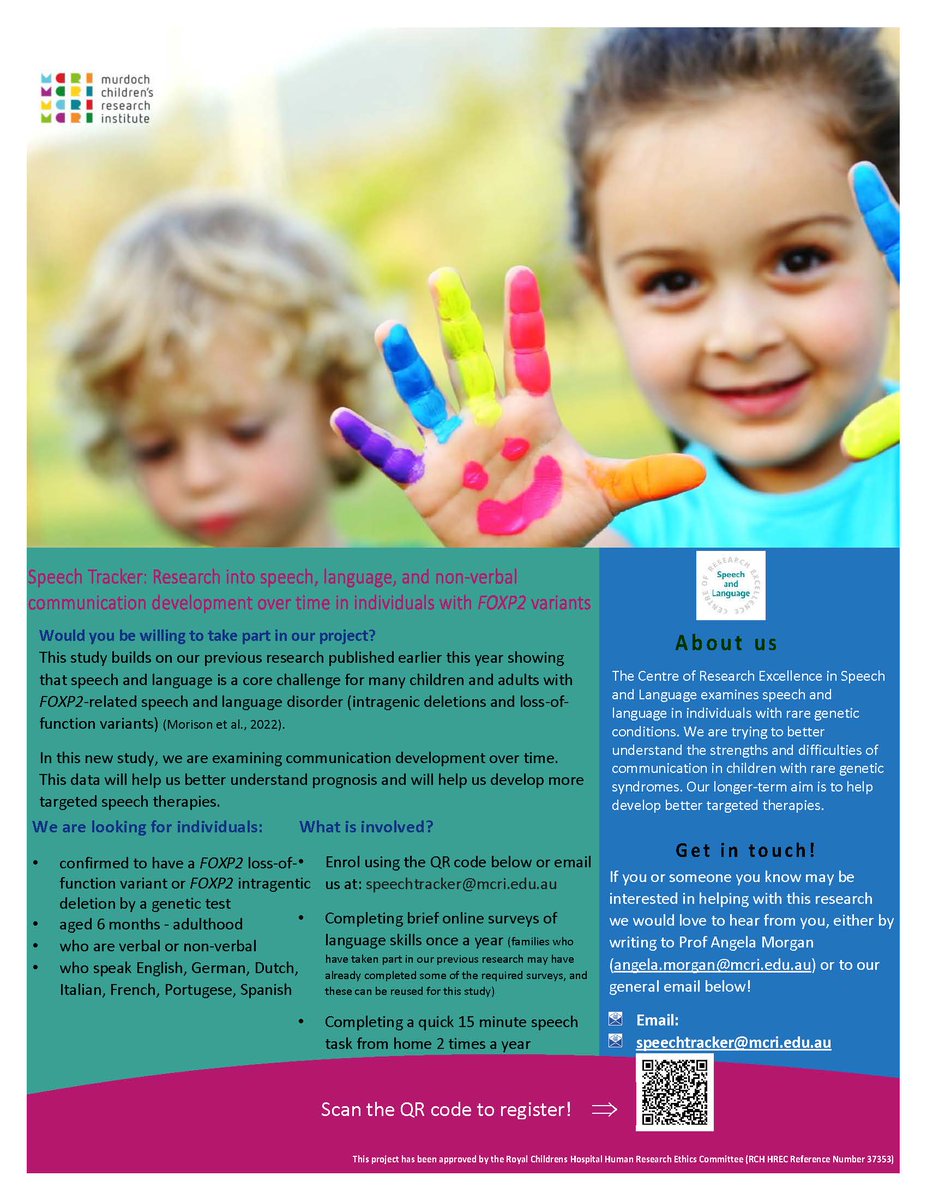 MCRI_SpeechLang's tweet photo. We are launching a study following children & adults with #FOXP2-Related #Speech and #Language disorder across 3 years. Please see the study flyer below, scan the QR code or click this link to express interest or learn more: https://t.co/yjKa9shF36 https://t.co/kHhTu7Rkaz