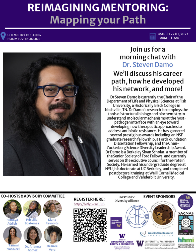 nobcche_uw's tweet photo. Reimaging Mentoring Part 1: Mapping your Path

Kick off spring quarter with an early morning chat with Dr. Steven Damo, Department of Life and Physical Sciences Chair at Fisk University at 10 am in room 102 in CHB https://t.co/QJd21qFMeS