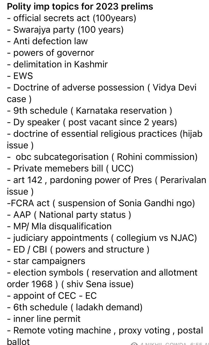 NikhilKGOWDA5's tweet photo. Important Topics in Polity for Prelims 2023 , go through these topics , will add further important topics later to the thread 🙃
#UPSC #prelims2023 https://t.co/xQnVLB3A2u