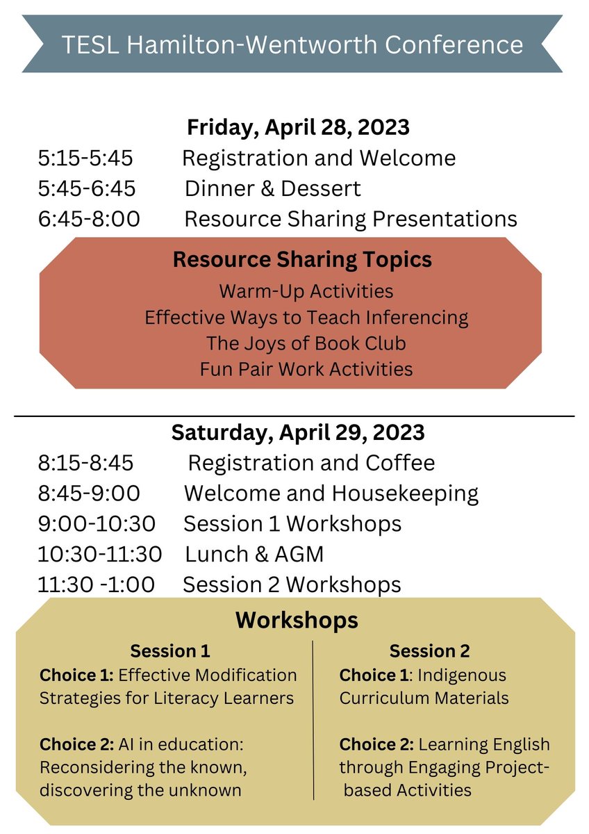 Have your registered for TESL Hamilton's Spring Conference? TWO DAY PD EVENT! Friday, April 28 &amp; Saturday, April 29th. Registration closes on April 16th!

forms.gle/Z3LDdeRmWp5eBM…
#TESL #ESL #TESOL #EAP #conference 
<a href="/TESL_Hamilton/">TESL Hamilton</a> @TESLOntario <a href="/TutelaCanada/">Tutela</a>