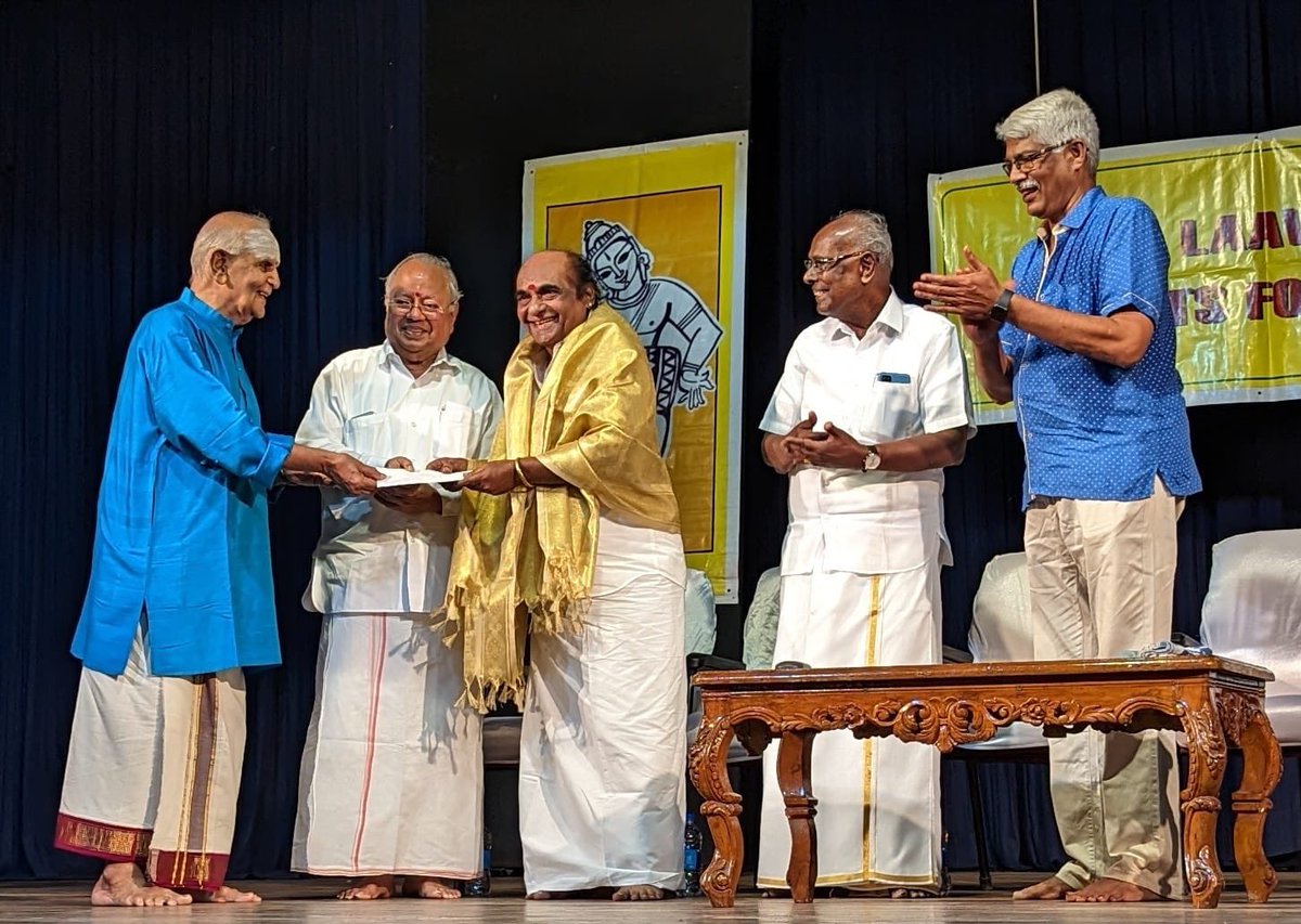 Honouring Thavil Vidwan Haridwaramangalam Sri. Palanivel yesterday in Laya Laavanyaa Fine Arts Foundation function yesterday.